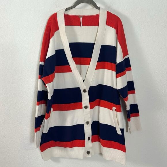 Free People League Of Her Own Cardigan Sweater Americana Stripes Preppy Large - Picture 9 of 13